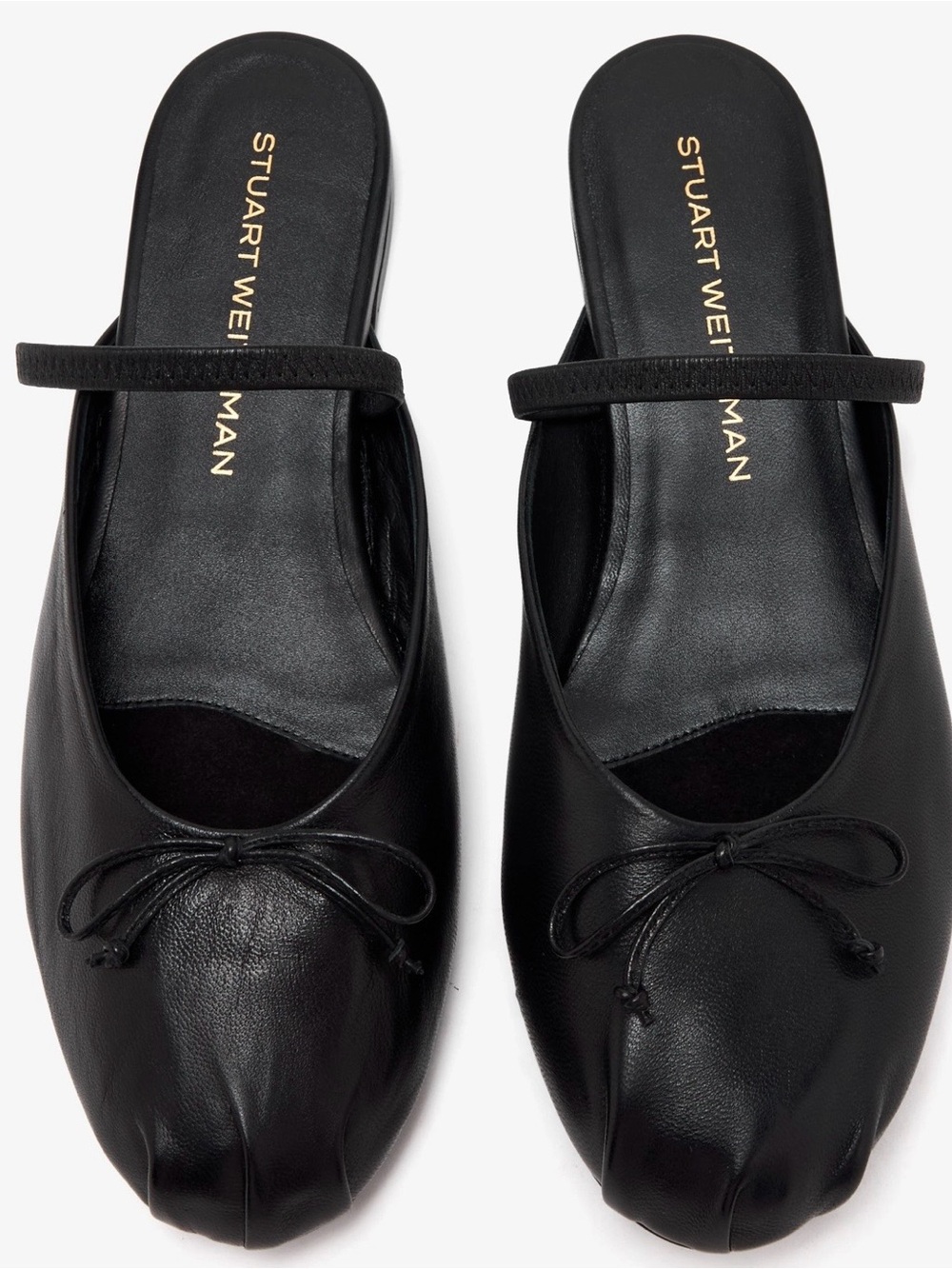 Stuart Weitzman Black Leather Prima Bow Ballet Mules - New with box